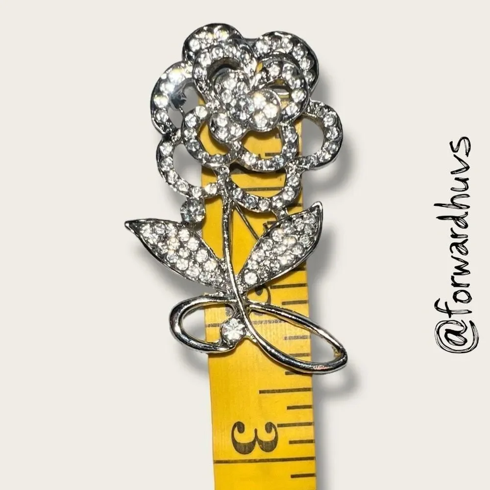 Vintage Silver Tone Rhinestone Flower Brooch